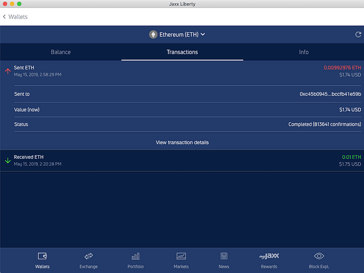 Expand a transaction to view greater detail; see value now & transaction status