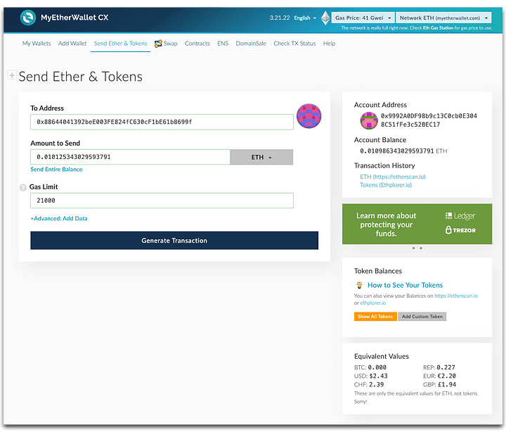 Enter the recipient’s address, the amount to send and the gas limit. Select “Generate Transaction”